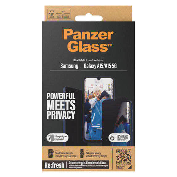 Verre trempé UWF Privacy avec applicateur pour Samsung Galaxy A15/A15 5G, Noir, PanzerGlass