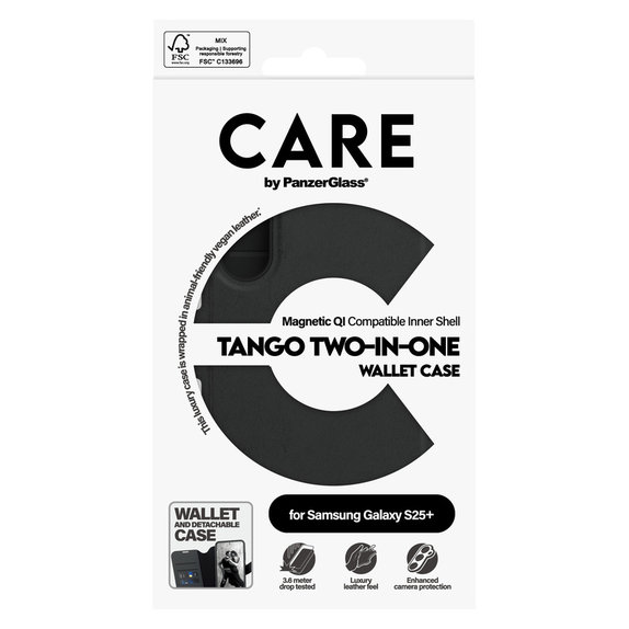 Étui Wallet Tango Two-In-One avec QI pour Samsung Galaxy S25+, Noir, PanzerGlass