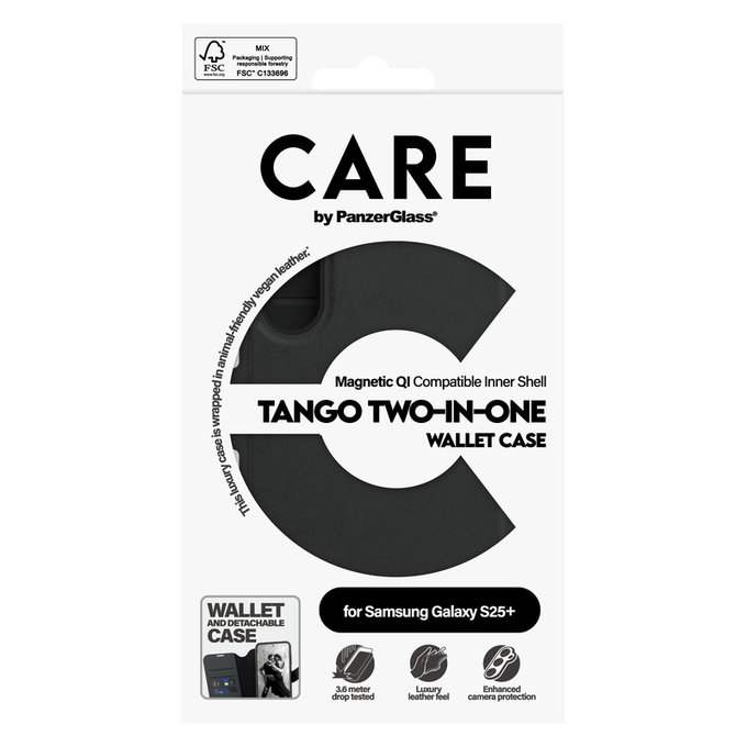 Étui Wallet Tango Two-In-One avec QI pour Samsung Galaxy S25+, Noir, PanzerGlass