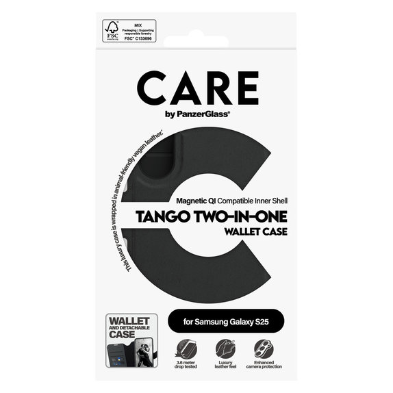 Étui Wallet Tango Two-In-One avec QI pour Samsung Galaxy S25, Noir, PanzerGlass