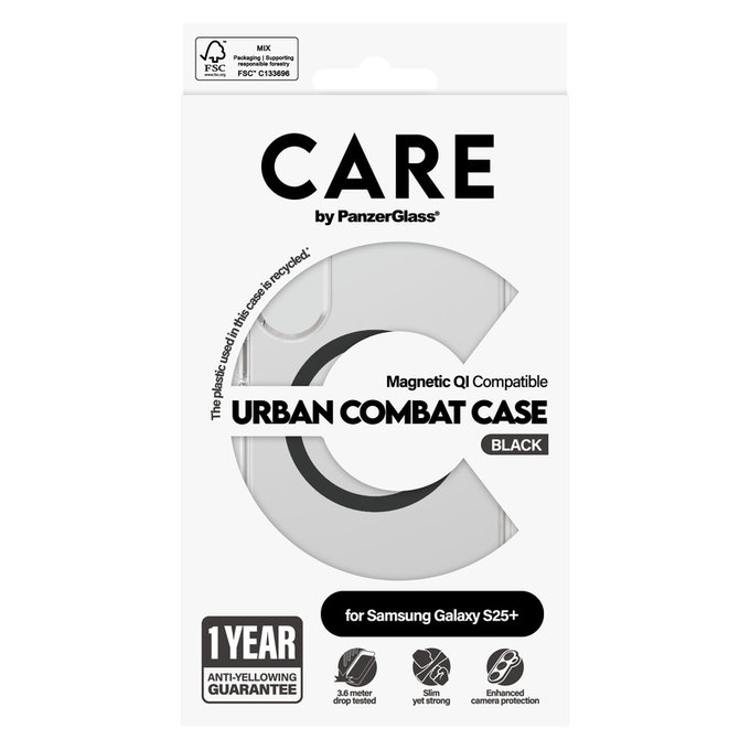 Étui Urban Combat avec QI noir pour Samsung Galaxy S25+, Transparent, PanzerGlass