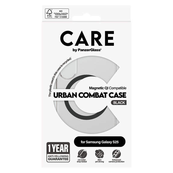 Étui Urban Combat avec QI noir pour Samsung Galaxy S25, Transparent, PanzerGlass