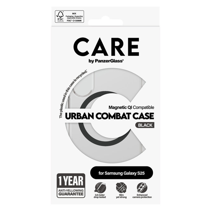 Étui Urban Combat avec QI noir pour Samsung Galaxy S25, Transparent, PanzerGlass