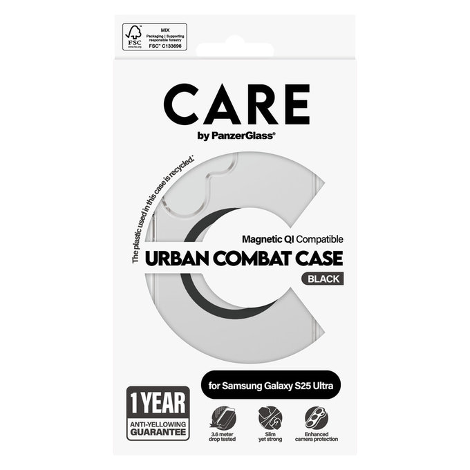 Étui Urban Combat avec QI noir pour Samsung Galaxy S25 Ultra, Transparent, PanzerGlass