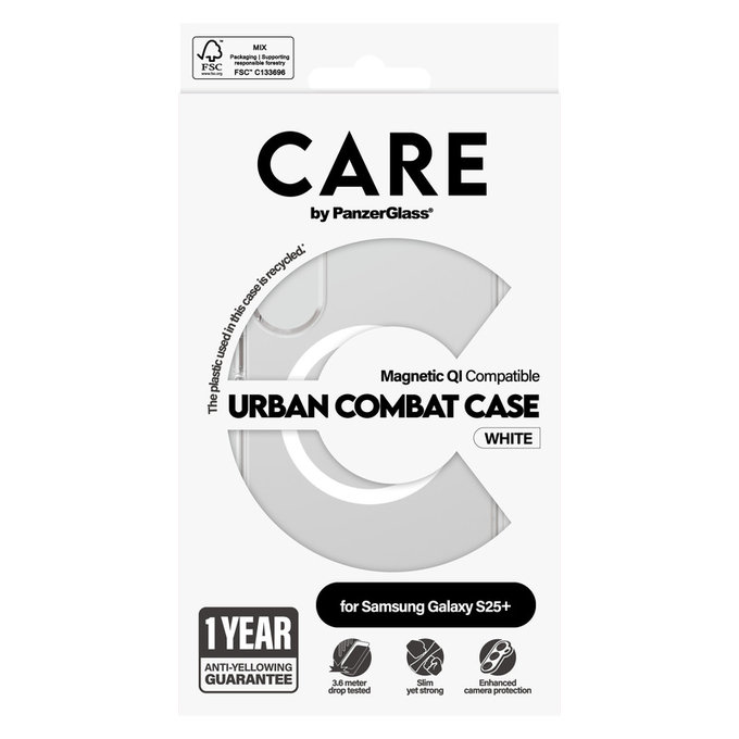 Étui Urban Combat avec QI blanc pour Samsung Galaxy S25+, Transparent, PanzerGlass