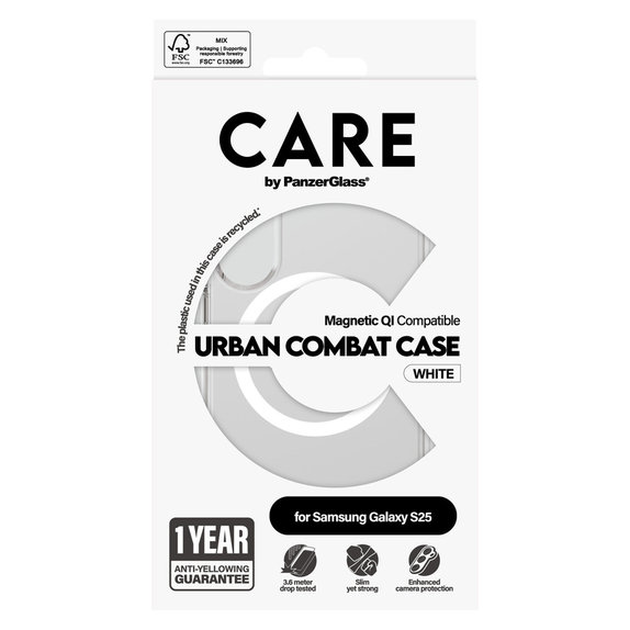 Étui Urban Combat avec QI blanc pour Samsung Galaxy S25, Transparent, PanzerGlass