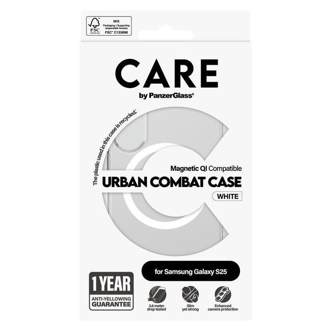 Étui Urban Combat avec QI blanc pour Samsung Galaxy S25, Transparent, PanzerGlass