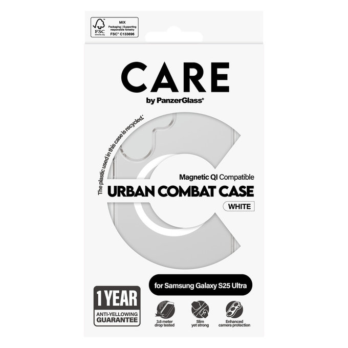 Étui Urban Combat avec QI blanc pour Samsung Galaxy S25 Ultra, Transparent, PanzerGlass