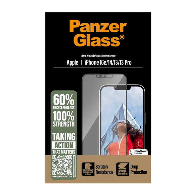 Verre trempé UWF avec applicateur pour iPhone 17e/16e/14/13/13 Pro, Noir, PanzerGlass