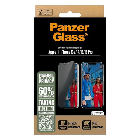 PanzerGlass - Verre Trempé UWF Privacy avec un applicateur pour iPhone 13, 13 Pro, 14 et 16e, transparent