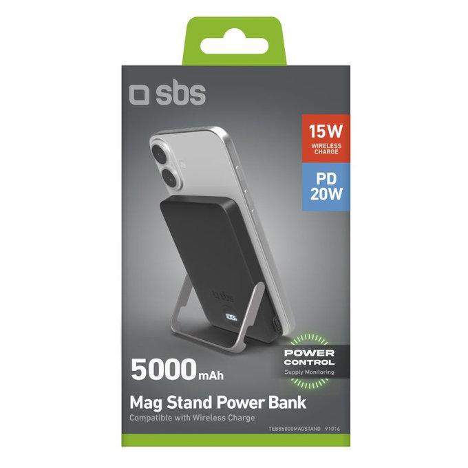 SBS - PowerBank 5000mAh, 20W, Power Delivery, Mag Stand, noir