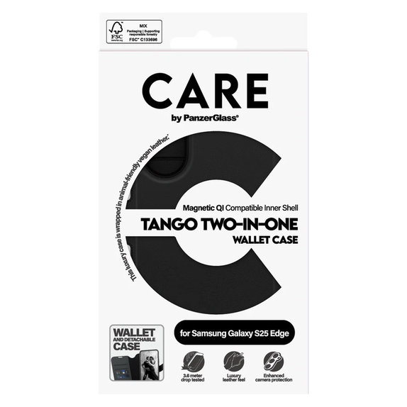 Étui Wallet Tango Two-In-One avec QI pour Samsung Galaxy S25 Edge, Noir, PanzerGlass