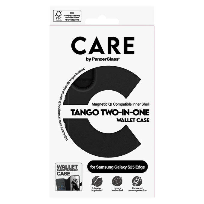 Étui Wallet Tango Two-In-One avec QI pour Samsung Galaxy S25 Edge, Noir, PanzerGlass