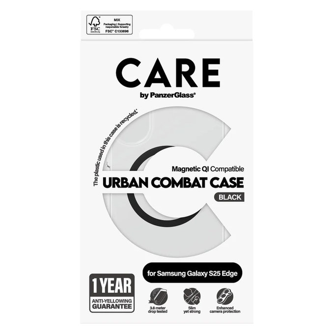 Étui Urban Combat avec QI noir pour Samsung Galaxy S25 Edge, Transparent, PanzerGlass