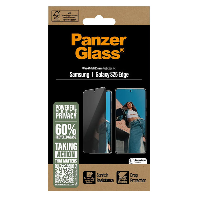 Verre trempé UWF Privacy avec applicateur pour Samsung Galaxy S25 Edge, Clair, PanzerGlass