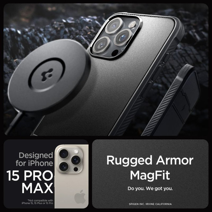 Spigen - Coque Rugged Armor avec MagSafe pour iPhone 15 Pro Max, Matte Black