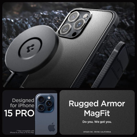 Spigen - Coque Rugged Armor avec MagSafe pour iPhone 15 Pro, Matte Black