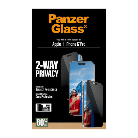 Verre trempé UWF 2-Way Privacy avec applicateur pour iPhone 17 Pro, Noir, PanzerGlass