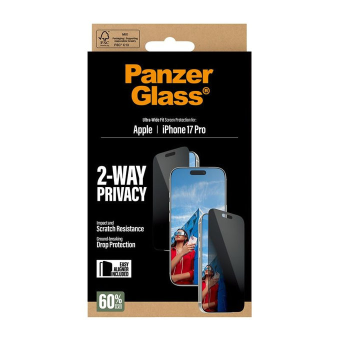 PanzerGlass - Verre trempé UWF 2-Way Privacy avec applicateur pour iPhone 17 Pro, noir