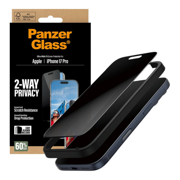 Verre trempé UWF 2-Way Privacy avec applicateur pour iPhone 17 Pro, Noir, PanzerGlass