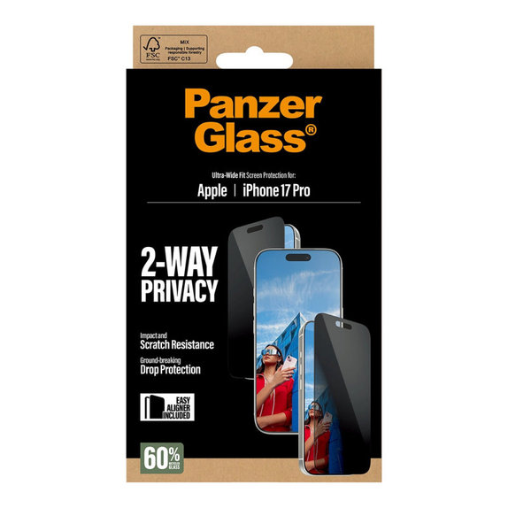 Verre trempé UWF 2-Way Privacy avec applicateur pour iPhone 17 Pro, Noir, PanzerGlass