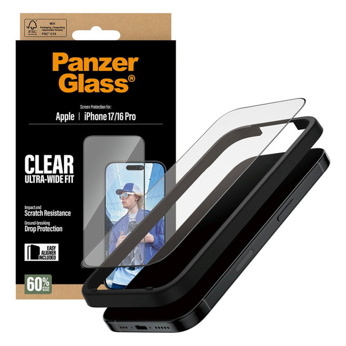 Verre trempé UWF avec applicateur pour iPhone 17/16 Pro, Noir, PanzerGlass
