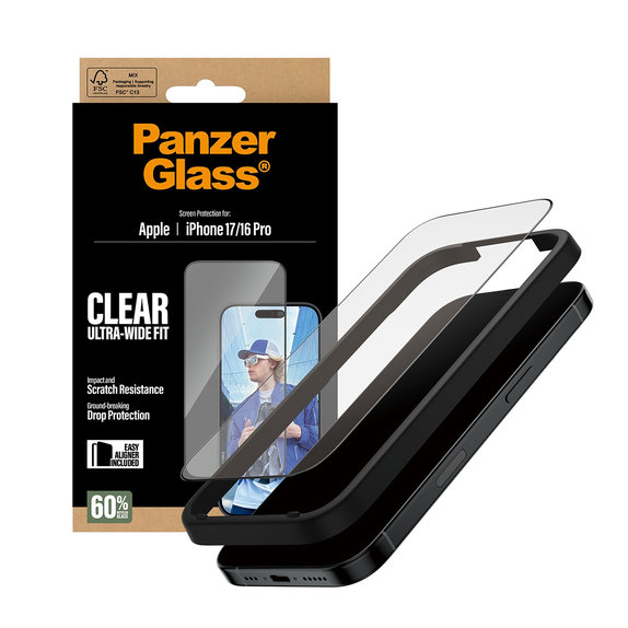 Verre trempé UWF avec applicateur pour iPhone 17/16 Pro, Noir, PanzerGlass