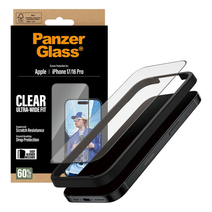 Verre trempé UWF avec applicateur pour iPhone 17/16 Pro, Noir, PanzerGlass