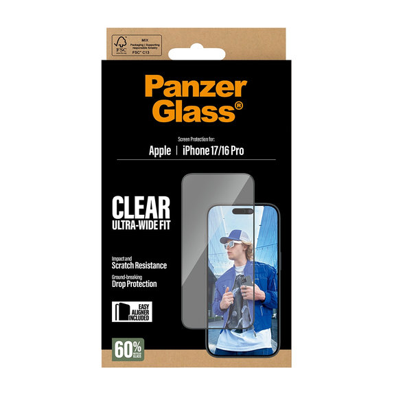 Verre trempé UWF avec applicateur pour iPhone 17/16 Pro, Noir, PanzerGlass