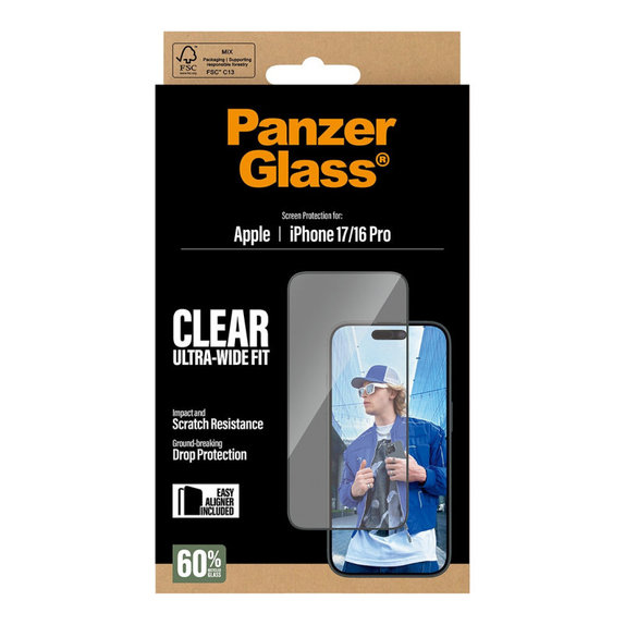 Verre trempé UWF avec applicateur pour iPhone 17/16 Pro, Noir, PanzerGlass