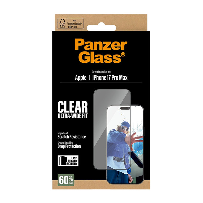 Verre trempé UWF avec applicateur pour iPhone 17 Pro Max, Noir, PanzerGlass