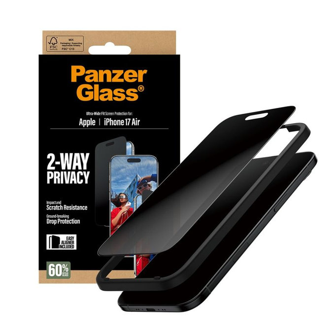 PanzerGlass - Verre trempé UWF 2-Way Privacy avec applicateur pour iPhone 17 Air, noir