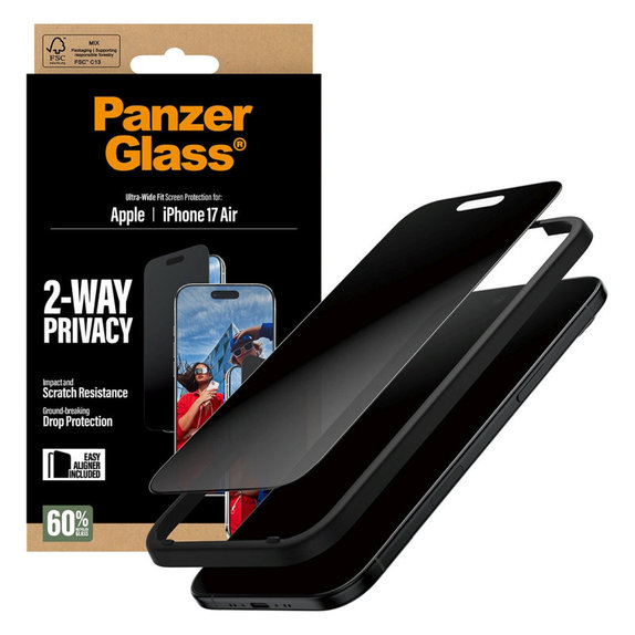 Verre trempé UWF 2-Way Privacy avec applicateur pour iPhone 17 Air, Noir, PanzerGlass