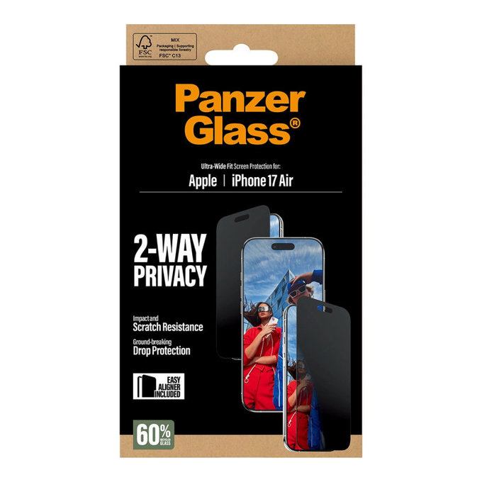 Verre trempé UWF 2-Way Privacy avec applicateur pour iPhone 17 Air, Noir, PanzerGlass