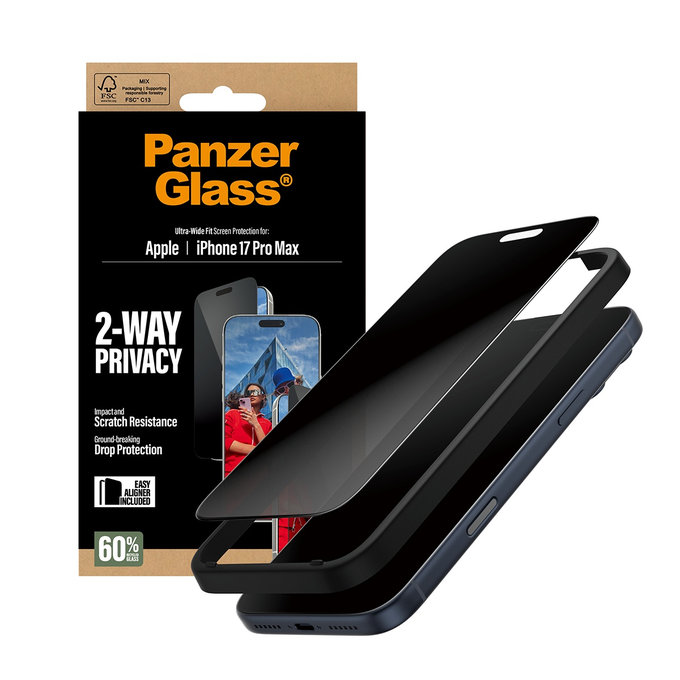 Verre trempé UWF 2-Way Privacy avec Fastfit pour iPhone 17 Pro Max, Noir, PanzerGlass