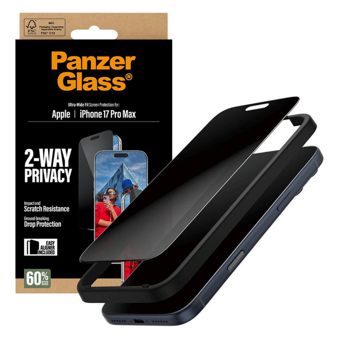 Verre trempé UWF 2-Way Privacy avec Fastfit pour iPhone 17 Pro Max, Noir, PanzerGlass