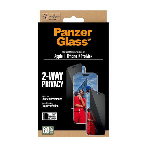 Verre trempé UWF 2-Way Privacy avec Fastfit pour iPhone 17 Pro Max, Noir, PanzerGlass