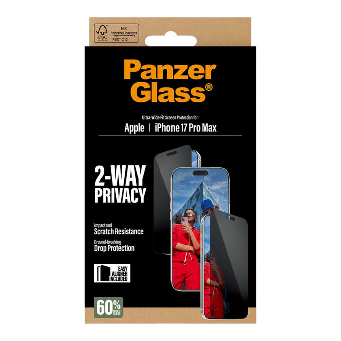 Verre trempé UWF 2-Way Privacy avec Fastfit pour iPhone 17 Pro Max, Noir, PanzerGlass
