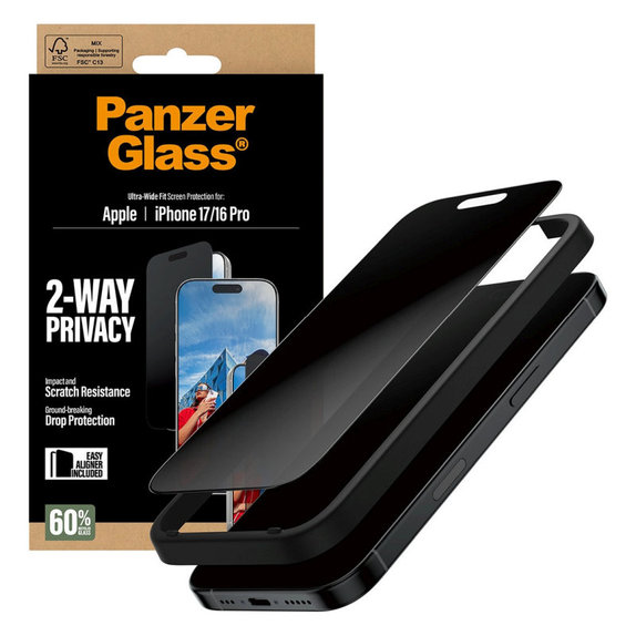 Verre trempé UWF 2-Way Privacy avec Fastfit pour iPhone 17/16 Pro, Noir, PanzerGlass