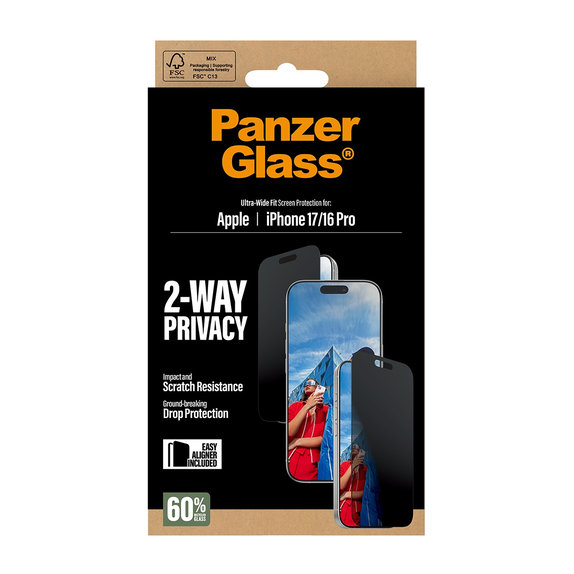 Verre trempé UWF 2-Way Privacy avec Fastfit pour iPhone 17/16 Pro, Noir, PanzerGlass