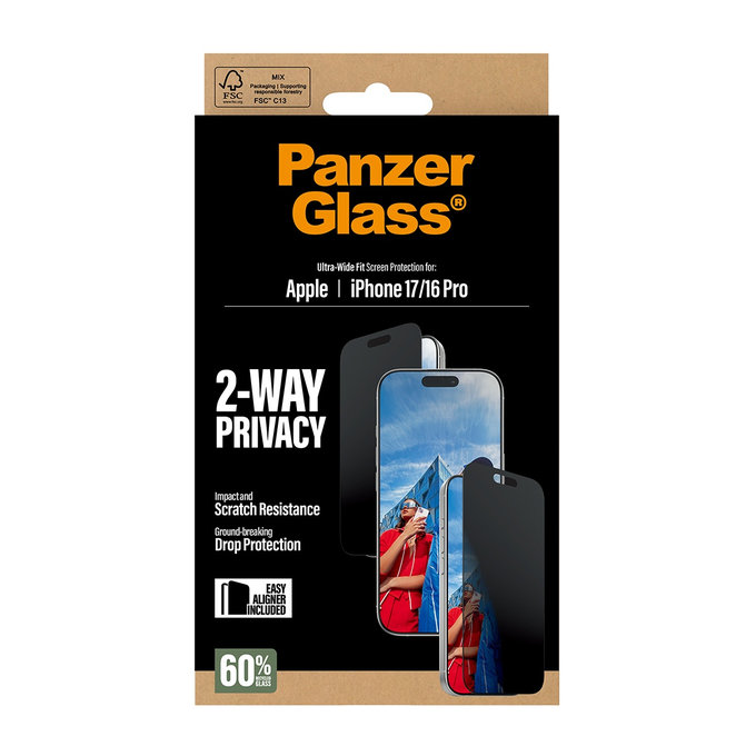 Verre trempé UWF 2-Way Privacy avec Fastfit pour iPhone 17/16 Pro, Noir, PanzerGlass