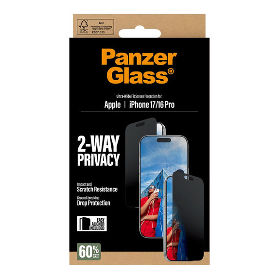 Verre trempé UWF 2-Way Privacy avec Fastfit pour iPhone 17/16 Pro, Noir, PanzerGlass
