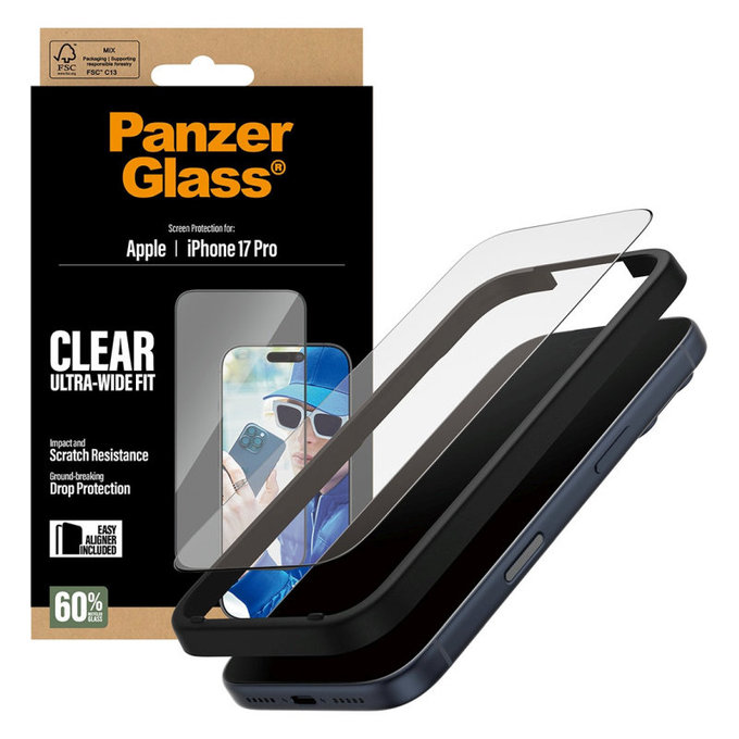 Verre trempé UWF avec applicateur pour iPhone 17 Pro, Noir, PanzerGlass
