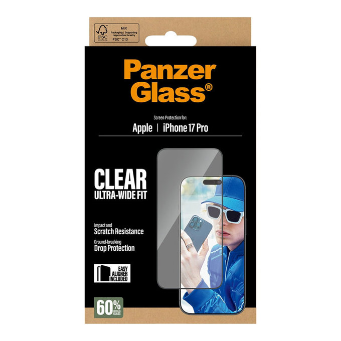 Verre trempé UWF avec applicateur pour iPhone 17 Pro, Noir, PanzerGlass