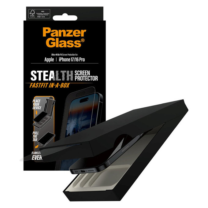 Verre trempé UWF Stealth avec Fastfit pour iPhone 17/16 Pro, Noir, PanzerGlass