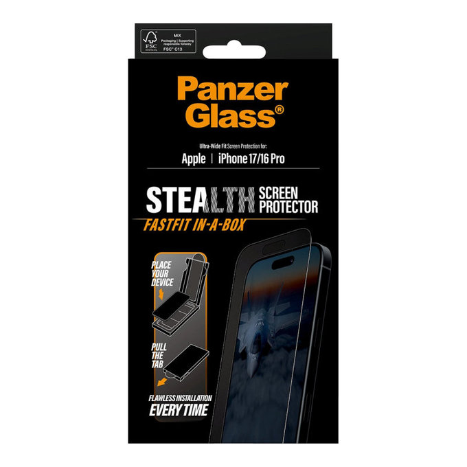 Verre trempé UWF Stealth avec Fastfit pour iPhone 17/16 Pro, Noir, PanzerGlass