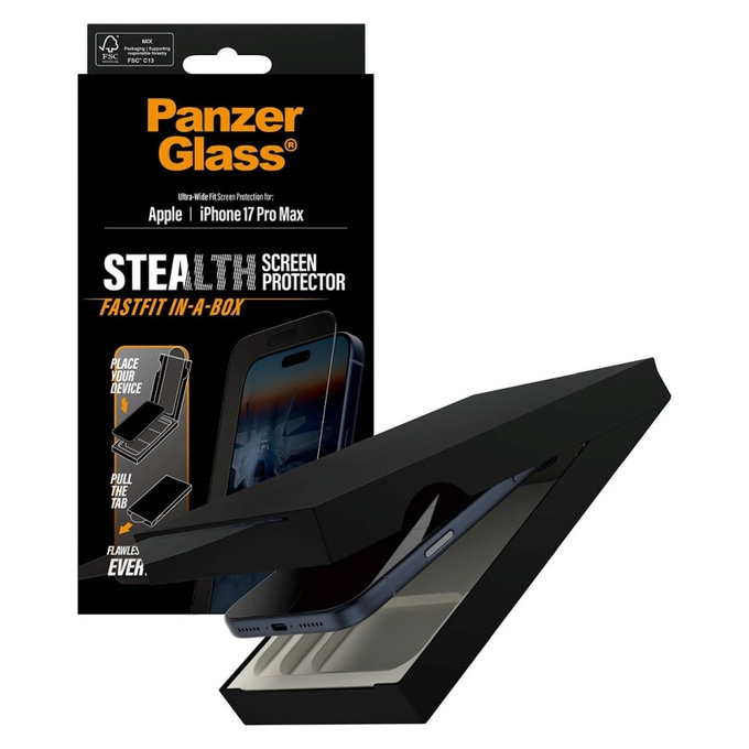 Verre trempé UWF Stealth avec Fastfit pour iPhone 17 Pro Max, Noir, PanzerGlass