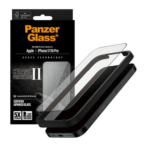 Verre trempé UWF Ceramic II avec Fastfit pour iPhone 17/16 Pro, Noir, PanzerGlass