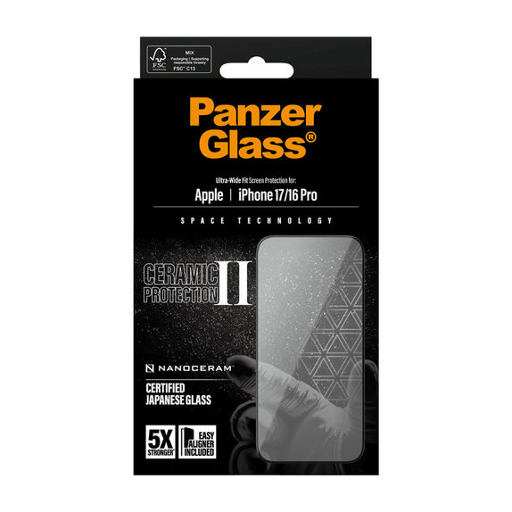 Verre trempé UWF Ceramic II avec Fastfit pour iPhone 17/16 Pro, Noir, PanzerGlass