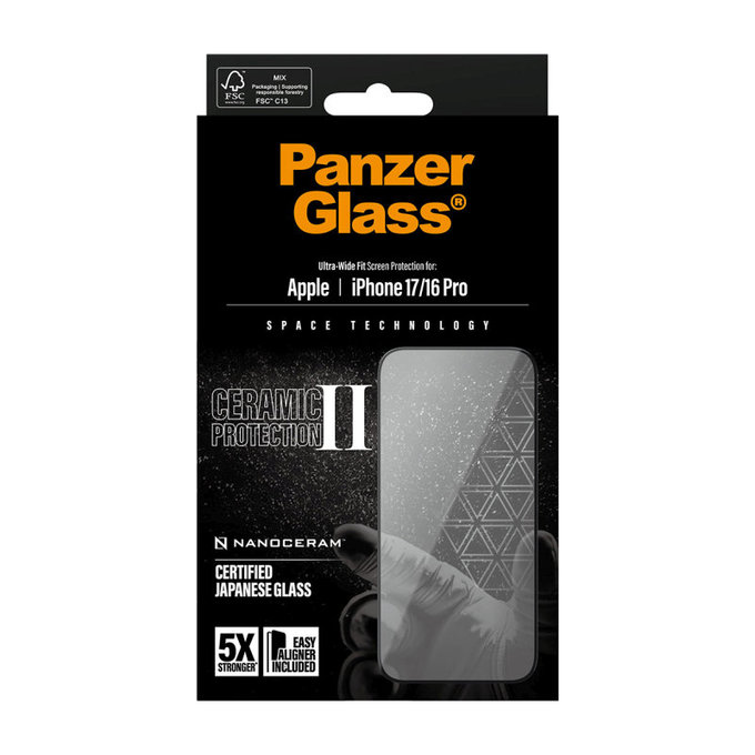 Verre trempé UWF Ceramic II avec Fastfit pour iPhone 17/16 Pro, Noir, PanzerGlass